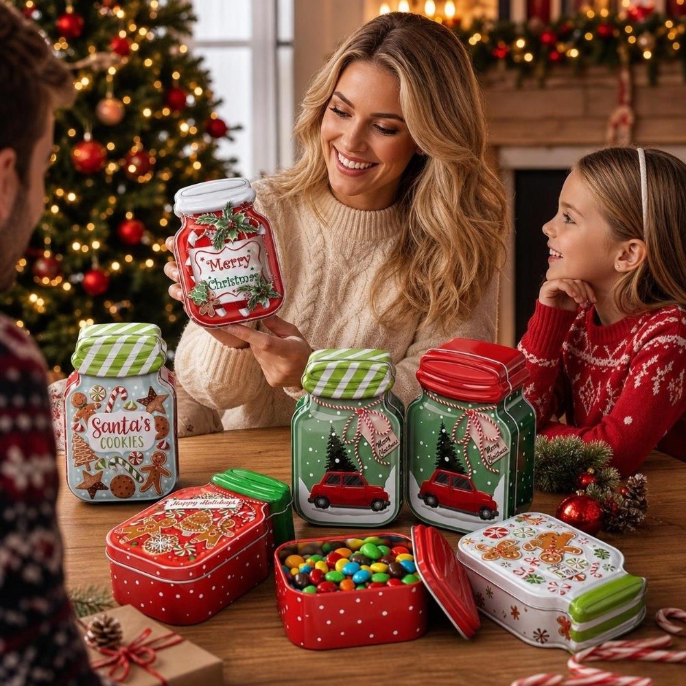 Tin Container Lid - 金属製クリスマス缶箱（蓋付き）ビスケットチョコレートクリスマスケーキキャンディボックス装飾ギフトボックス収納容器ホームデコレーション